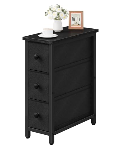 CHOEZON Narrow Side Table with 3 Fabric Drawers, Industrial Slim Bedside Table for Small Spaces, Bedroom, Living Room, Dormitory, Black TBZ09BB - color: Black