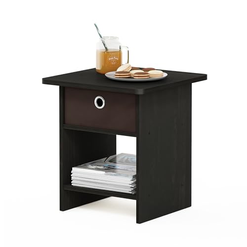 Furinno DARIO Square Side Table, End Table, Espresso | 1x Storage Bin, Round Corner Night Stand with Open Back Shelf, Bedside Table, for Living Room, Bedroom - color: Espresso/Brown, size: 1-Pack, Upper Bin