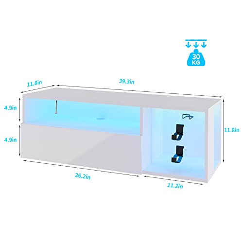 sogesfurniture 39.3'' Floating Wall TV Cabinet Stand with LED Lights, Wall Mounted Entertainment Center with Storage Shelves, Modern High Gloss Media Console for Living Room, Bedroom - size: 39.3''-White