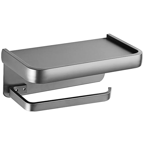 Toilet Paper Holder with Phone Shelf, Adhesive or Screw Wall Mount Toilet Tissue Roll Holder-Grey - color: Grey