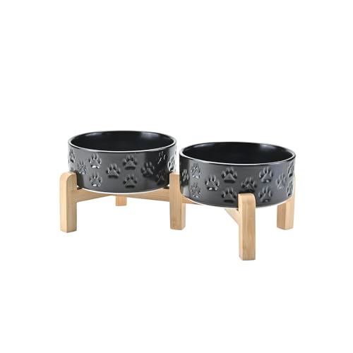 SPUNKYJUNKY Elevated Dog Bowls Ceramic, 5.1'' Dogs and Cat Food Water Bowls Raised with Non-Slip Bamboo Stand for Puppy Small Sized Breed Microwave Dishwasher Safe - 13.5 OZ,Paw Black - color: Paw Black, size: 5.1 in - 1.7 cups