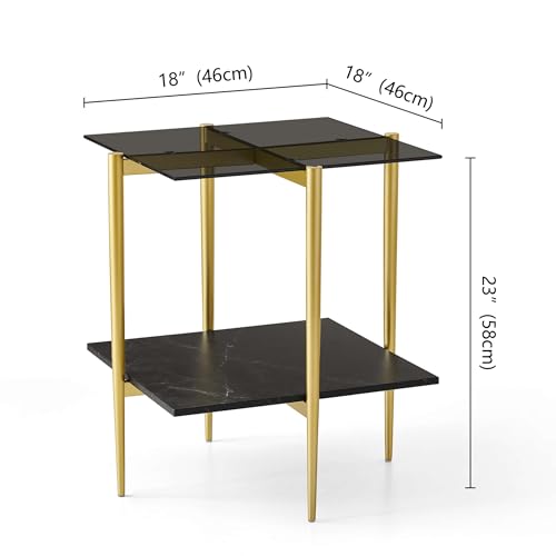 LumFurn Glass End Table, Mid-Century Modern Design Sofa Table, for Living Room, L18 x W18 x H23 in, Clear Glass Top and Walnut MDF Shelf, Sleek Conical Metal Legs with Gold Finish Frame - color: Grey & Black Marble, size: L18" Square End Table