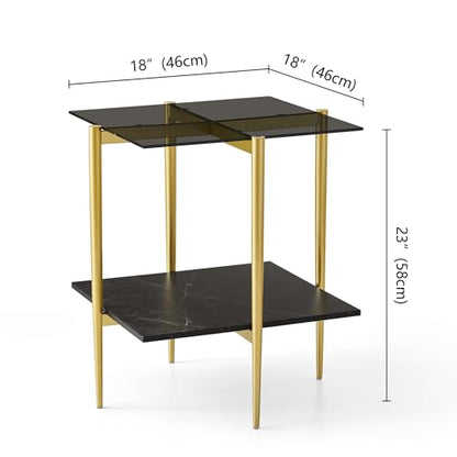 LumFurn Glass End Table, Mid-Century Modern Design Sofa Table, for Living Room, L18 x W18 x H23 in, Clear Glass Top and Walnut MDF Shelf, Sleek Conical Metal Legs with Gold Finish Frame - color: Grey & Black Marble, size: L18" Square End Table