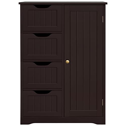 Topeakmart Wooden Storage Cabinets w/Four Drawers and Cupboard, Espresso | Free-Standing Cabinet, for Bathroom and Kitchen - color: Espresso, size: 26 x 14 x 35.5 In (LxWxH)