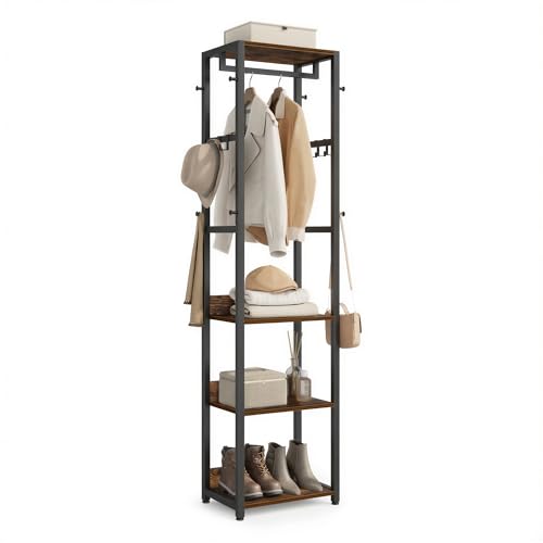 VASAGLE Coat Rack, Freestanding Hall Tree with Shelves, Hanging Rail, and Hooks, Space-Saving Coat Stand, Steel Frame, for Clothing, Bags, Hats, Ink Black and Rustic Brown URCR061BD04 - color: Ink Black + Rustic Brown, style: Industrial