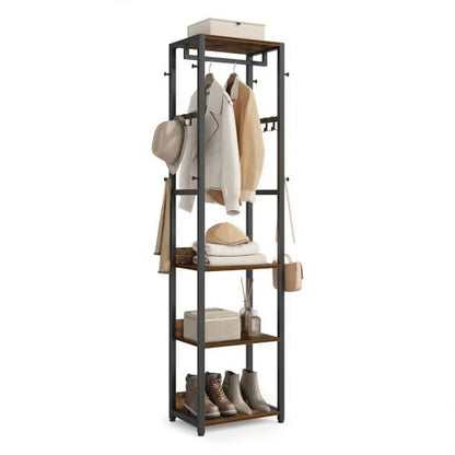 VASAGLE Coat Rack, Freestanding Hall Tree with Shelves, Hanging Rail, and Hooks, Space-Saving Coat Stand, Steel Frame, for Clothing, Bags, Hats, Ink Black and Rustic Brown URCR061BD04 - color: Ink Black + Rustic Brown, style: Industrial
