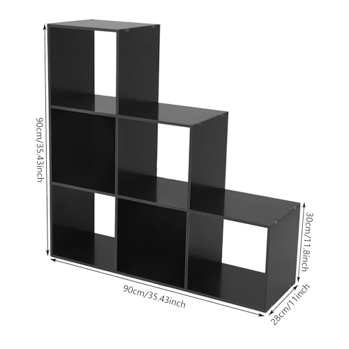 3-Tier Stepped Bookshelf, 6 Cube Storage Organizer Floor Standing Storage Shelf Modern Open Bookshelf for Home and Office (Black) - size: 6 Cube L-Shaped Black