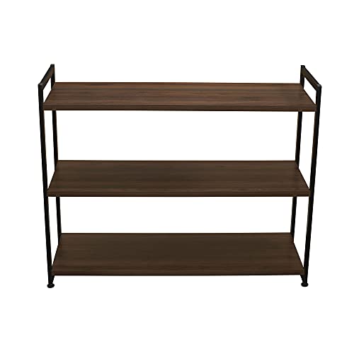 Household Essentials Jamestown Wide 3 Shelf Open Storage Bookshelf Mid Century Walnut Wood Grain and Black Metal - color: Walnut