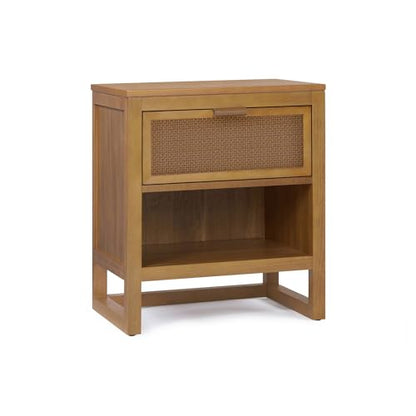 Teamson Home Hatteras 20" W Nightstand with 1 Deep Drawer and Open Shelf Storage in Coastal Modern Style, Ball Bearing Glides, Pine Wood Frames and MDF with Rattan, Natural Finish | 1 Deep Drawer, Open Shelf Storage, Coastal Modern Style, Pine Wood & MDF