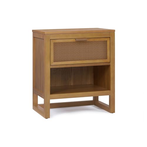Teamson Home Hatteras 20" W Nightstand with 1 Deep Drawer and Open Shelf Storage in Coastal Modern Style, Ball Bearing Glides, Pine Wood Frames and MDF with Rattan, Natural Finish | 1 Deep Drawer, Open Shelf Storage, Coastal Modern Style, Pine Wood & MDF