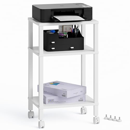 3-Tier Printer Stand with Storage, Mobile Printer Cart with Rolling Casters and Adjustable Feet, Under Desk Storage Shelf for Home Office,Small Printers, White, 15.7" x 11.8" x 25.9" - color: White, size: Standard