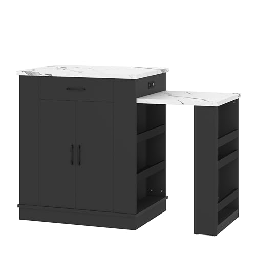 Gecheer Extendable Kitchen Island with Drawers, Double-Door Cabinets & Open Shelving – Black, 80.7" L x 33.4" W x 35.3" H – Multi-Functional Dining Table, Breakfast Bar & Tea Station