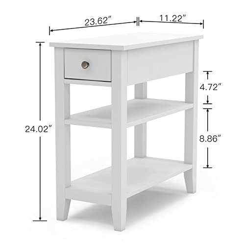 ChooChoo Side Table Living Room, Narrow End Table with Drawer and Shelf, 3-Tier Sofa End Table for Small Space, White - color: White