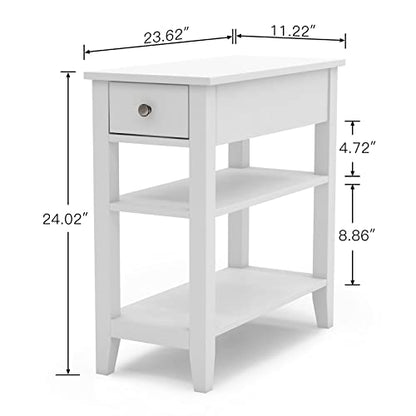 ChooChoo Side Table Living Room, Narrow End Table with Drawer and Shelf, 3-Tier Sofa End Table for Small Space, White - color: White