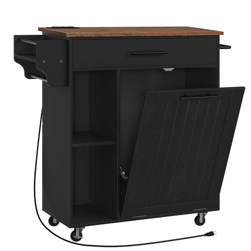 HOOBRO Kitchen Island with Trash Can Storage, Rolling Kitchen Island on Wheels, Mobile Island Cart with Power Outlet, Islands Table for 10 Gallon Garbage Bin, Rustic Brown and Black BF80UZD01G1 - color: Rustic Brown + Black