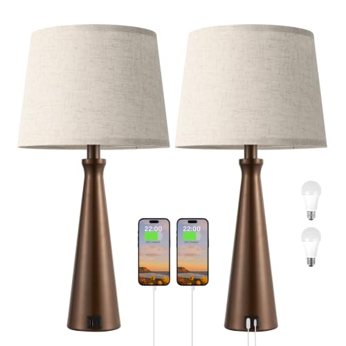 Seealle Modern Table Lamps Set of 2 - Touch Bedside Lamp for Nightstand with Dual USB C+A,3-Way Dimmable Brown Nightstand Lamps for Living Room Bedroom End Table with Beige Shade(Bulb Included) - color: I. Brown-Beige