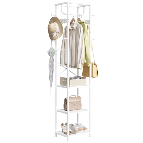 ELYKEN Coat Rack Freestanding, Hall Tree with 3 Storage Shelves and 12 Hooks, Industrial Clothes Rack Stand Organizer for Bedroom, Hallway, Entryway, Office, Living Room, White - color: White