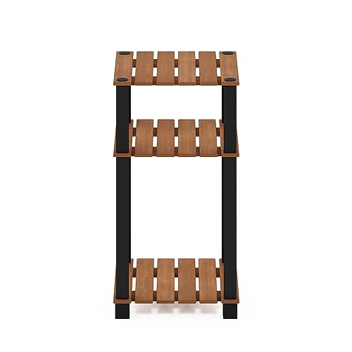 Furinno Pangkor 3-Tier Turn-N-Tube Indoor Outdoor Plant Shelf Wood Side Table with Square Poles, Natural/Black - style: 3 Tier Square Poles