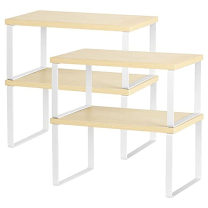 Counter Shelves Set of 4 Stackable Kitchen Cabinet Organizer Shelf and Expandable Wood Countertop Shelves for Bathroom Study Room, White | Expandable Wood Countertop Shelves, for Bathroom, Study Room, Home Office - color: White