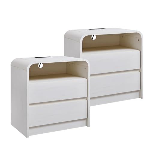 Aitjunz 25" Tall Modern Nightstand Set of 2, 23.6'' Wide Wood Bedside Table w/2 Storage Drawers, Charging Station, Mid Century End Table for Bedroom, Living Room,Curved Profile Design, Antique White - color: White, size: 2 Pieces