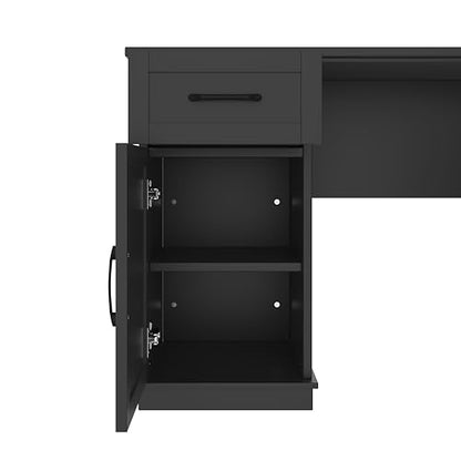 L-Shaped Home Executive Desk with 2 Cabinets and 2 Drawers, Computer Desk with Power Outlet, 11 Open Shelves and 1 Right Flip Shelf with Storage for Study, Living Room and Office (Black-02) - color: Black-02