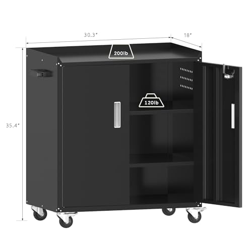 Washsemba Metal Garage Storage Cabinet with Wheels ，Lockable Rolling Tool Chest on Wheels, Utility Cabinet for Home, Office, Garage and Workshop(Black)