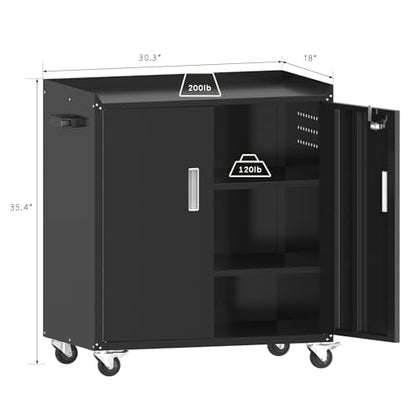 Washsemba Metal Garage Storage Cabinet with Wheels ，Lockable Rolling Tool Chest on Wheels, Utility Cabinet for Home, Office, Garage and Workshop(Black)