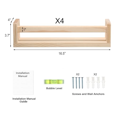 Nursery Room Shelves Set of 4, Wood Floating Book Shelves for Kids Room, Baby Book Shelf for Nursery, Kitchen Spice Rack (Natural Wood) - color: Natural Wood