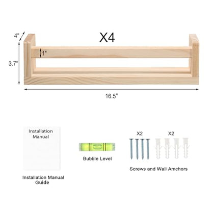 Nursery Room Shelves Set of 4, Wood Floating Book Shelves for Kids Room, Baby Book Shelf for Nursery, Kitchen Spice Rack (Natural Wood) - color: Natural Wood