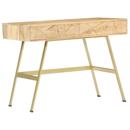 39.4" Industrial Solid Mango Wood Writing Desk with 2 Drawers, Computer Desk for Home Office Small Spaces, Rustic Study Table Natural Brass Steel Frame - color: Solid Mango Wood