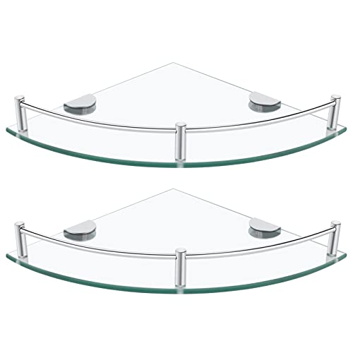 Glass Bathroom Shelves - Set of 2 Corner Shelves, Shower and Wall Mount, Floating Glass Shelves for Bathroom, Kitchen, Living Room (Silver) - color: Slivery