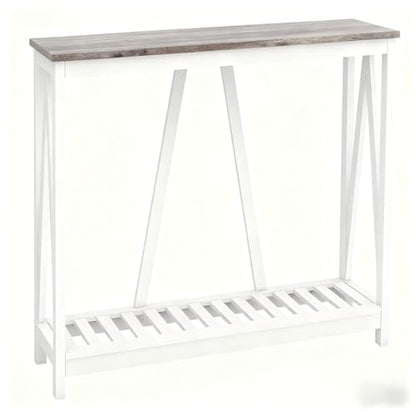 Farmhouse Console Table with Shelf, 39.3" Narrow Entryway Table, Dark Oak | Farmhouse Style Grey Oak Top White V‑Shape Frame Slat Shelf Storage 39.3" Narrow Anti‑Tip Legs sofa table - color: Dark Oak
