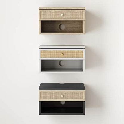Nathan James Jackson Wall Mounted Rattan Floating Bedroom Nightstand with Storage Drawer and Modern Open Shelf Cubby, Light Oak/Rattan, Set of 2 - color: Light Oak/Rattan, size: Set of 2