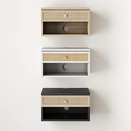 Nathan James Jackson Wall Mounted Rattan Floating Bedroom Nightstand with Storage Drawer and Modern Open Shelf Cubby, White/Rattan - color: White/Rattan, size: 1