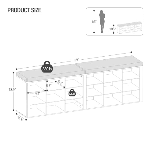 Hzuaneri Shoe Storage Bench with Cushion, Entryway Storage Bench with 18 Cubbies, 9.5" Widened Organizer Cabinet, Long Cubby Rack for Living Room, Bedroom, Entryway, White SB25703GY | 9.5" Widened Organizer Cabinet, large Cubby Shoe Rack for Living Room,