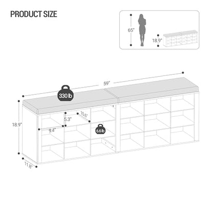Hzuaneri Shoe Storage Bench with Cushion, Entryway Storage Bench with 18 Cubbies, 9.5" Widened Organizer Cabinet, Long Cubby Rack for Living Room, Bedroom, Entryway, White SB25703GY | 9.5" Widened Organizer Cabinet, large Cubby Shoe Rack for Living Room,