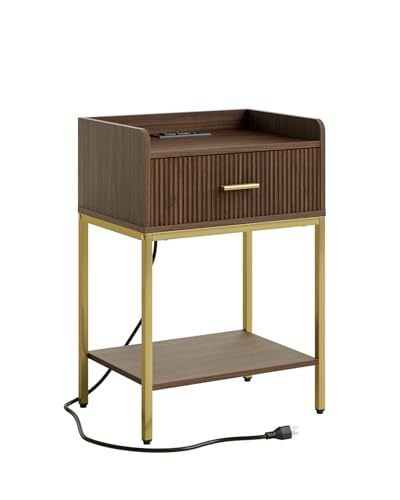 Nightstand with Charging Station, 3-Tier Bed Side Table, Small End Table, Night Stand with Open Shelf and Drawer, Bedside Table for Bedroom, Living Room, Walnut - color: Walnut, style: With Charging Station
