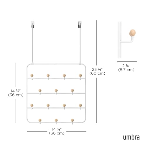 Umbra Estique Coat Rack, Over the Door Wall Hooks, 14 Hook, White/Natural | Steel, snag-free wooden pegs, fits doors to 1.6 inch, power coated finish