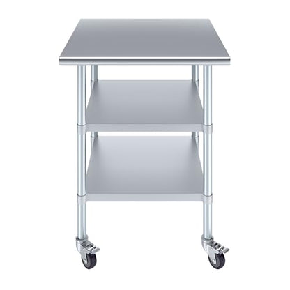 AmGood Stainless Steel Work Table with 2 Shelves and Casters | Metal Utility Table On Wheels (Stainless Steel Work Table with 2 Shelves + Casters, 30" Long x 30" Deep) - size: 30" Long x 30" Deep