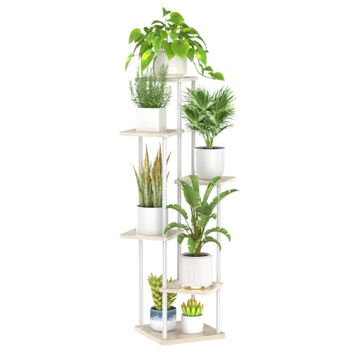 Oppro 6 Tier Tall Plant Stand Indoor, Large Metal Wood Muti Level Vertical Planter Shelf Orchid Holder for Narrow Corner, Sturdy Heavy Duty Flower Display Rack for House Decor Living Room Bedroom, White - color: White
