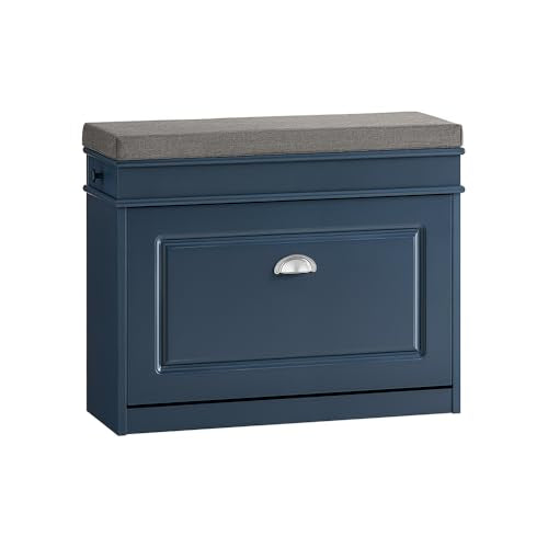 Haotian Shoe Storage Bench with Cushion, Navy Narrow Shoe Rack for Entryway, Small Shoe Cabinet with Flip-Drawer, Closet Hallway Mudroom FSR82-L-B - color: Navy, size: 1 Drawer:29.5x9.4x20"