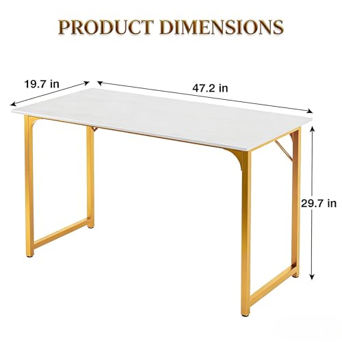 Dkelincs 47 Inch Computer Desk Home Office Desk Gaming Writing Desk Modern Simple Style Study Work Table with Metal Frame, Large Legroom, Adjustable Feet, Water-Resistant, Scratchproof Surface, Gold - color: Gold, size: 47 Inch