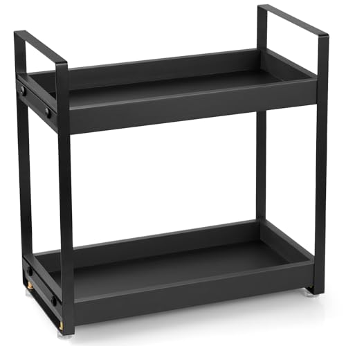 2 Tier Countertop Organizer, Black Wooden Coffee Station Organizer, Kitchen Counter Shelf Spice Rack, Bathroom Counter Organizer for Vanity, Perfume, Makeup, Home Office