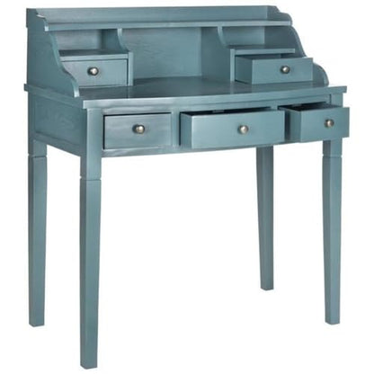 SAFAVIEH Furniture - Landon 5-Drawer Writing Desk - Teal - Solid Wood - Classic Hutch Design - Ideal for Home Office, Living Room, Den, 36.2" W x 19.1" D x 40.5" H (AMH6516E) - color: Teal