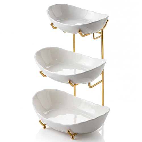 GIRAVO 3 Tier Ceramic Fruit Bowl with Metal Stand, Tiered Countertop Fruit Basket, Serving Tray Stand for Kitchen Counter, Fruit & Vegetable Storage, White Bowls with Gold Rack