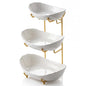 GIRAVO 3 Tier Ceramic Fruit Bowl with Metal Stand, Tiered Countertop Fruit Basket, Serving Tray Stand for Kitchen Counter, Fruit & Vegetable Storage, White Bowls with Gold Rack