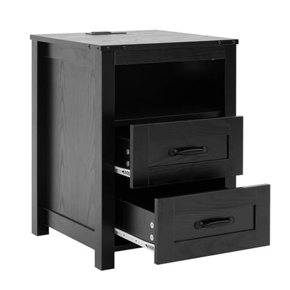 Farmhouse Night Stand, Rustic Black Nightstand for Bedroom, End Tables with Charging Station, Bedside Table with Drawers, Wood Bedside Cabinet Dresser - color: Black, size: 1pcs with Charging