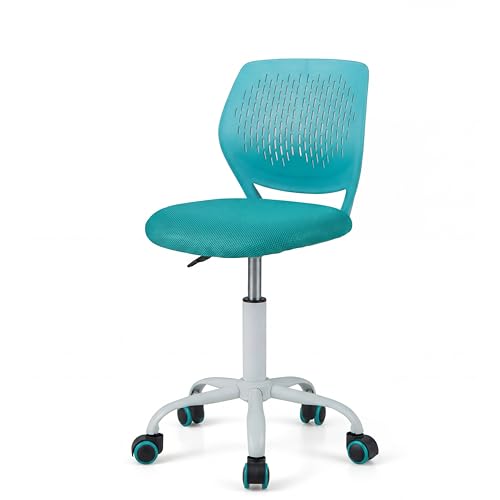 Costzon Kids Desk Chair, Armless Height Adjustable Kids Computer Chair w/Elastic Sponge Filling, Ergonomic Backrest & Stable 5-Point Wheels, Children Rolling Swivel Chair for Studyroom (Turquoise) - color: Turquoise