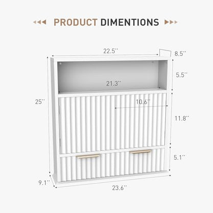 Bathroom Wall Cabinet with Fluted Design, Adjustable Shelves & Soft-Close Hinges, Hanging Storage Cabinet with Open Cubby & Drawers for Toiletries, Towels, Bathroom Organization (White)
