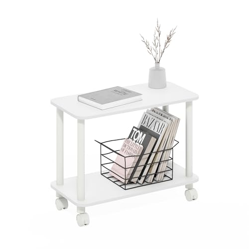 Furinno Turn-N-Tube Book Cart, 2-Tier Rectangle Sofa Side Table with Wheels, Round Corner Night Stand, End Table with Open Shelf, Toolless Assembly, for Living Room, Bedroom, White - color: White/White, size: Rectangle 2-Tier
